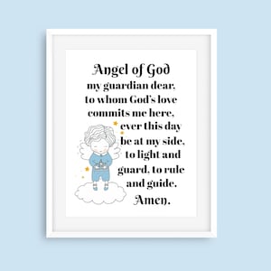 Guardian Angel Prayer Boy print, Angel of God, my guardian dear, Children&#39;s prayer, Christian children&#39;s room decor