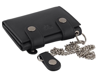 Tri-Fold Chain Biker's Genuine Soft Leather RFID Wallet