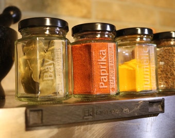 DIY Spice Kit | 10 Engraved Glass Spice Jars | Herb and Spice Jar Set | Custom Tea Jars | Pantry Labels | Hexagonal Spice Jars