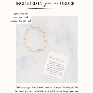 May include: A rose quartz bead bracelet with gold accents and a heart charm, paired with a message card. The card includes text about remembering a baby lost to miscarriage.