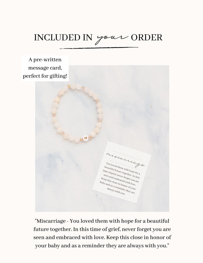 May include: A rose quartz bead bracelet with gold accents and a heart charm, paired with a message card. The card includes text about remembering a baby lost to miscarriage.