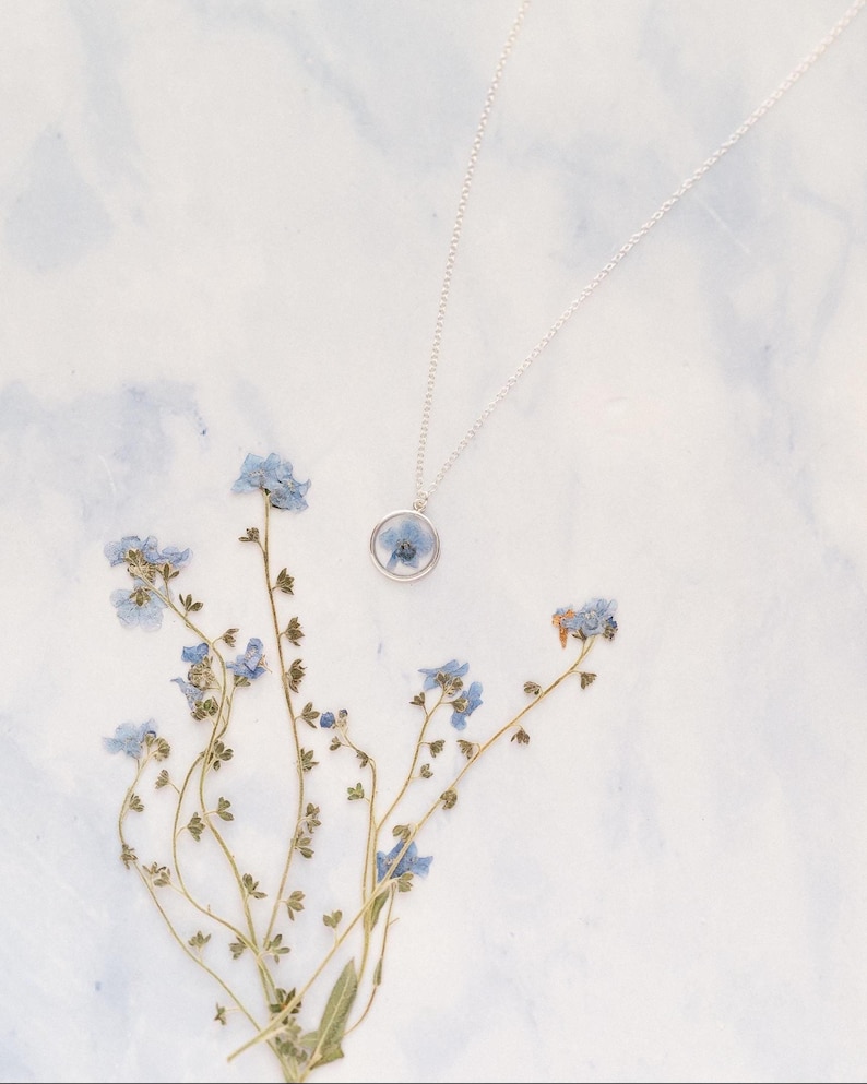 May include: A silver necklace with a round pendant containing a small blue flower. Dried blue flowers are arranged around the necklace on a white and light blue background. The necklace chain is delicate.