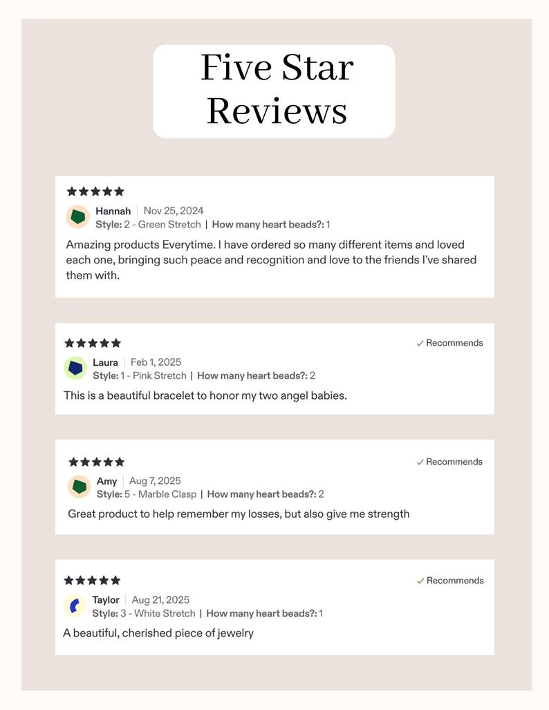 May include: Image of customer reviews with five-star ratings. The reviews are from Hannah, Laura, Amy, and Taylor. The reviews mention bracelets and jewelry. The text reads "Five Star Reviews".