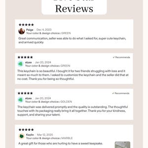 May include: A graphic displaying customer reviews with five-star ratings. The text reads "Five Star Reviews" at the top. Reviews mention keychains, customization, and prompt delivery. The reviews are from Paige, alysa, and Kaylin.