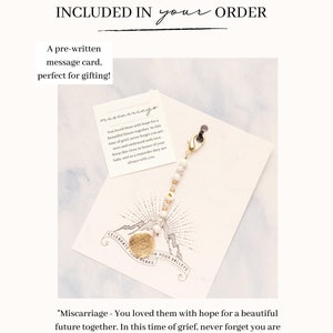 May include: A pre-written message card with the text "Miscarriage - You loved them with hope for a beautiful future together." A gold-colored charm with a mountain design is attached to a beaded chain.