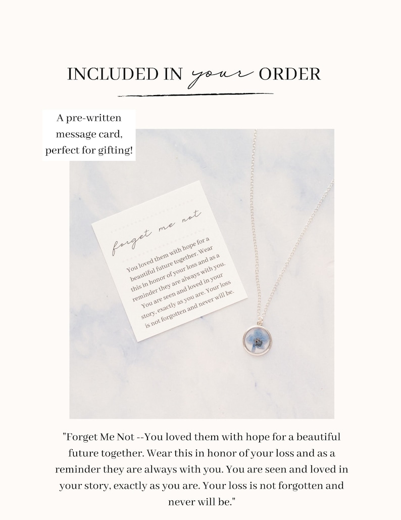 May include: A silver necklace with a round pendant containing blue flowers, displayed with a message card. The card reads "Forget Me Not" and includes a heartfelt message about remembrance and love.