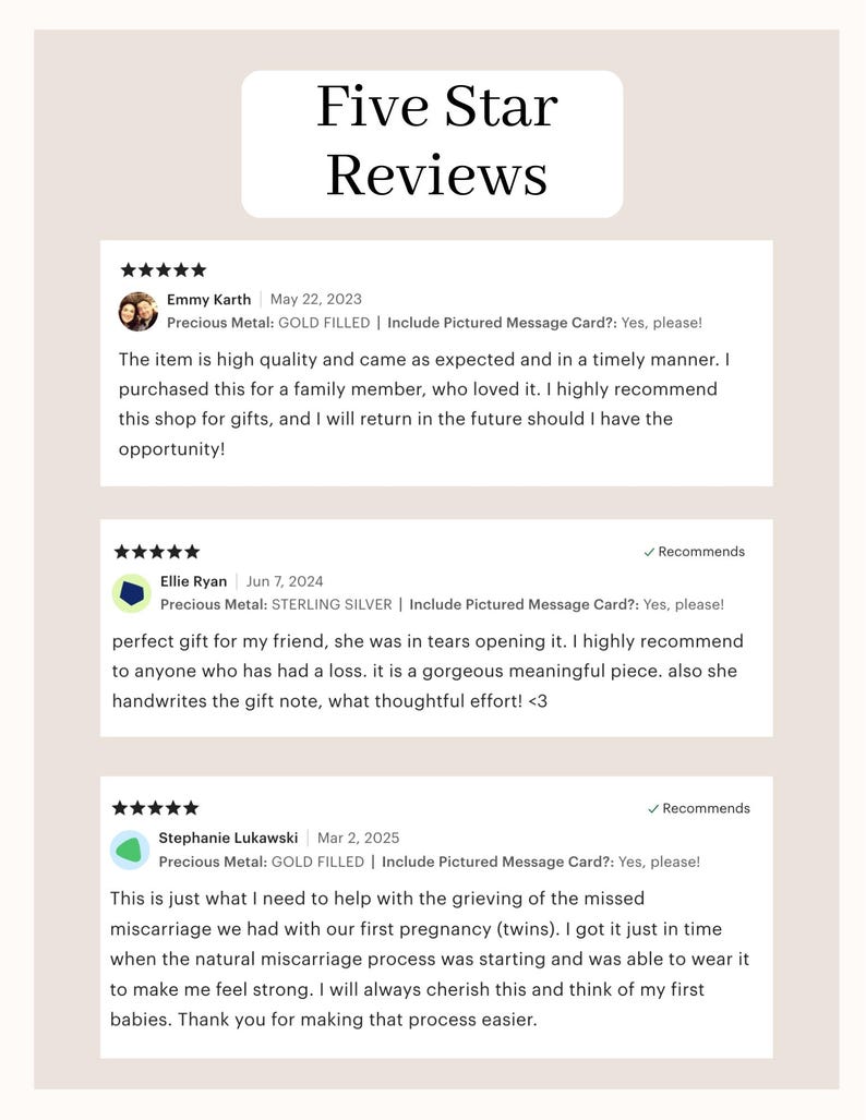 May include: A cream-colored graphic with the text "Five Star Reviews" at the top. Below are three customer reviews with star ratings, dates, and customer names. The reviews are about a shop's products.