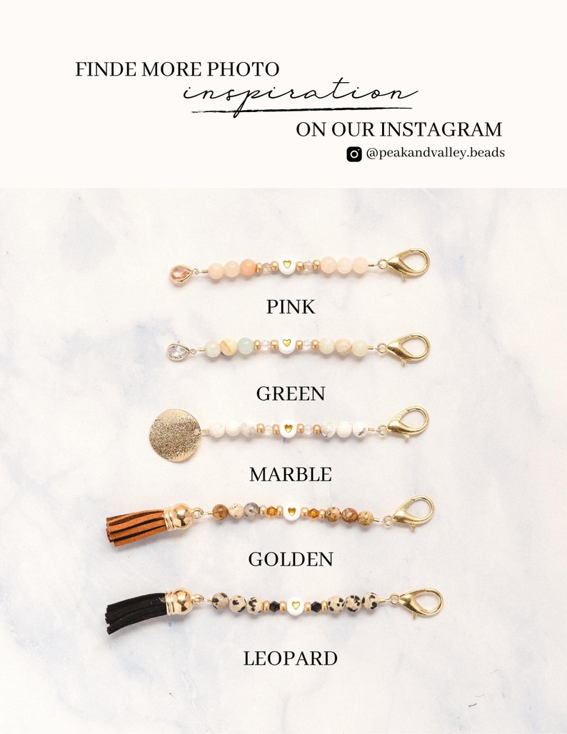 May include: Five beaded lanyards in pink, green, marble, golden, and leopard patterns. Each lanyard features a gold clasp and small heart-shaped beads. The text "FINDE MORE PHOTO inspiration ON OUR INSTAGRAM @peakandvalley.beads" is at the top.
