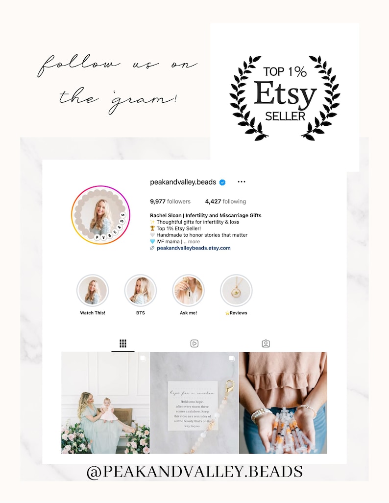 May include: A digital screenshot of the Instagram profile peakandvalley.beads, featuring a profile picture, follower count, and bio text. The page includes highlights labeled Watch This, BTS, Ask me, and Reviews, with a grid of three images below.