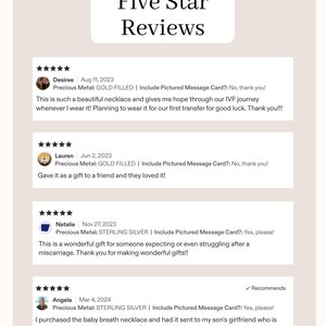 May include: A graphic display titled Five Star Reviews featuring four customer testimonials. Each entry includes a five-star rating, a customer name, a date, the precious metal type, and a written review regarding a necklace purchase.