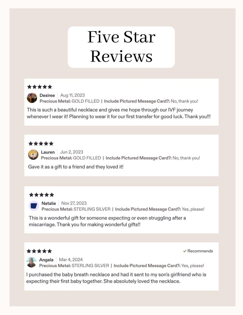May include: A graphic display titled Five Star Reviews featuring four customer testimonials. Each entry includes a five-star rating, a customer name, a date, the precious metal type, and a written review regarding a necklace purchase.
