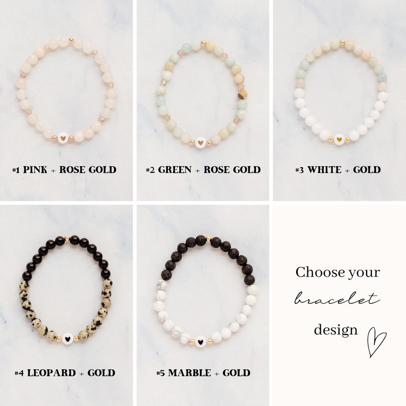 May include: Five different beaded bracelets are displayed, each with a unique design. The bracelets include pink, green, white, leopard, and marble beads, paired with gold accents. Each bracelet has a small heart charm. Text reads: "Choose your bracelet design."
