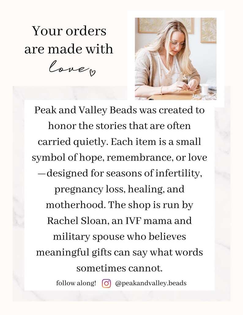 May include: Image features text: "Your orders are made with love." and "Peak and Valley Beads" with a description of the shop's mission. A woman is shown working on a craft project. The shop is run by Rachel Sloan.