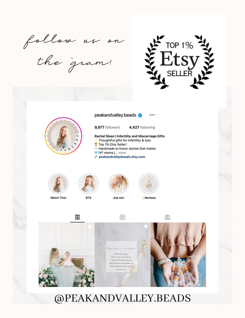 May include: A digital screenshot of the Instagram profile peakandvalley.beads, featuring a profile picture, follower count, and bio text. The page includes highlights labeled Watch This, BTS, Ask me, and Reviews, with a grid of three images below.