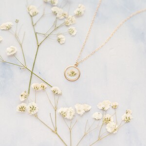 May include: A gold-toned necklace featuring a circular pendant that encases a small, pressed white flower. The delicate chain is attached to the top of the round frame, which holds the preserved botanical element securely behind a clear surface.