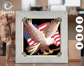 Eagle Amerikaanse vlag Shadow Box, snijden Cricut, papier gesneden lichtbak sjabloonbestand, 3D Papercut lichtbak SVG-bestand DIY, schaduw vak papier knippen