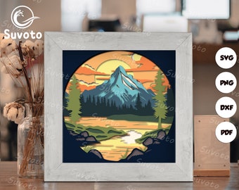 Mountain Sunset Shadow Box Files, Paper Cut Light Box Template Files, 3D Papercut Light Box SVG File DIY, Shadow Box Paper Cut