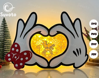Mickey Love 2 Mouse Hands Box Files, Paper Cut Light Box Template Files, 3D Papercut Mouse Hands Box SVG File DIY, Mouse Hands Box Paper Cut