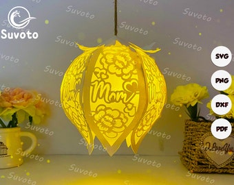 Bell Flower Lantern Mother Day Files, Paper Cut Light Box Template Files, 3D Papercut Love Box SVG File DIY, Lantern Mother Day Paper Cut