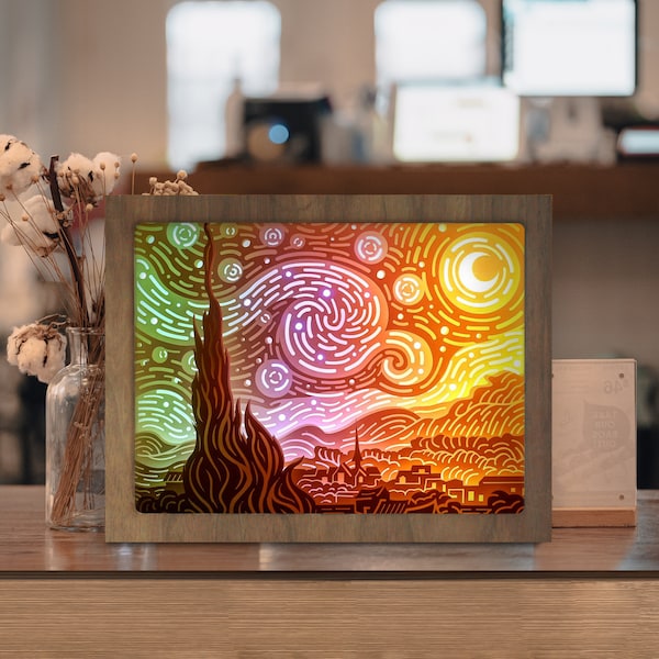 Starry Night Shadow Box, Cutting Cricut, Paper Cut Light Box Template Files, 3D Papercut Light Box SVG File DIY, Shadow Box Paper Cut