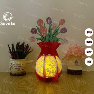 File di vasi di fiori lanterna, file di modelli di scatole luminose tagliate in carta, file SVG fai da te di vasi di fiori lanterna tagliati in carta 3D, vaso di fiori lanterna tagliato in carta