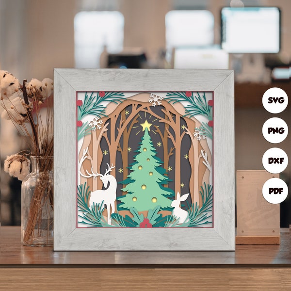 Christmas Tree In Forest Shadow Box Files, Paper Cut Light Box Template Files, 3D Papercut Light Box SVG File DIY, Shadow Box Paper Cut