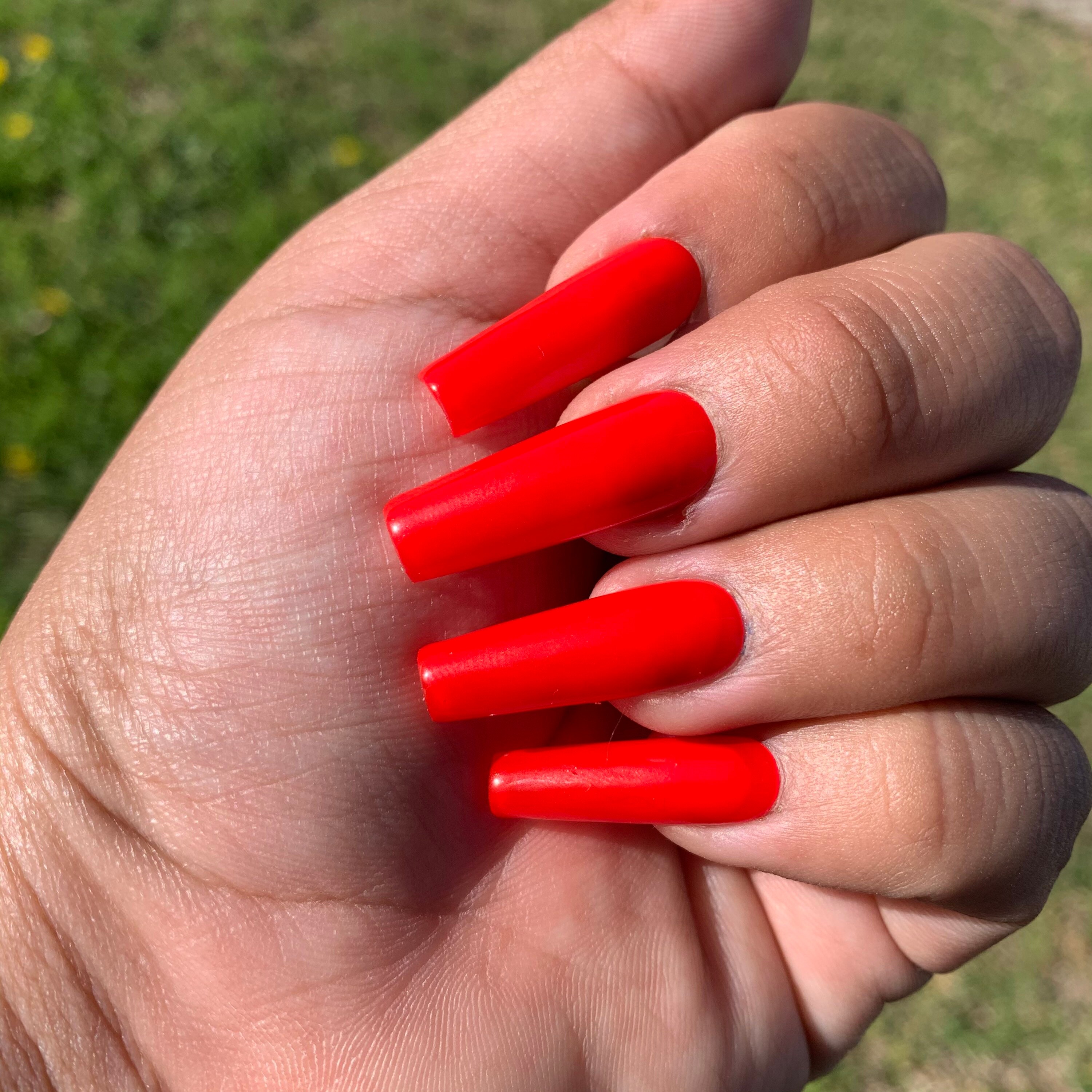 Red Long Square Press On Nails Cherry Red Temporary Fake Long Etsy