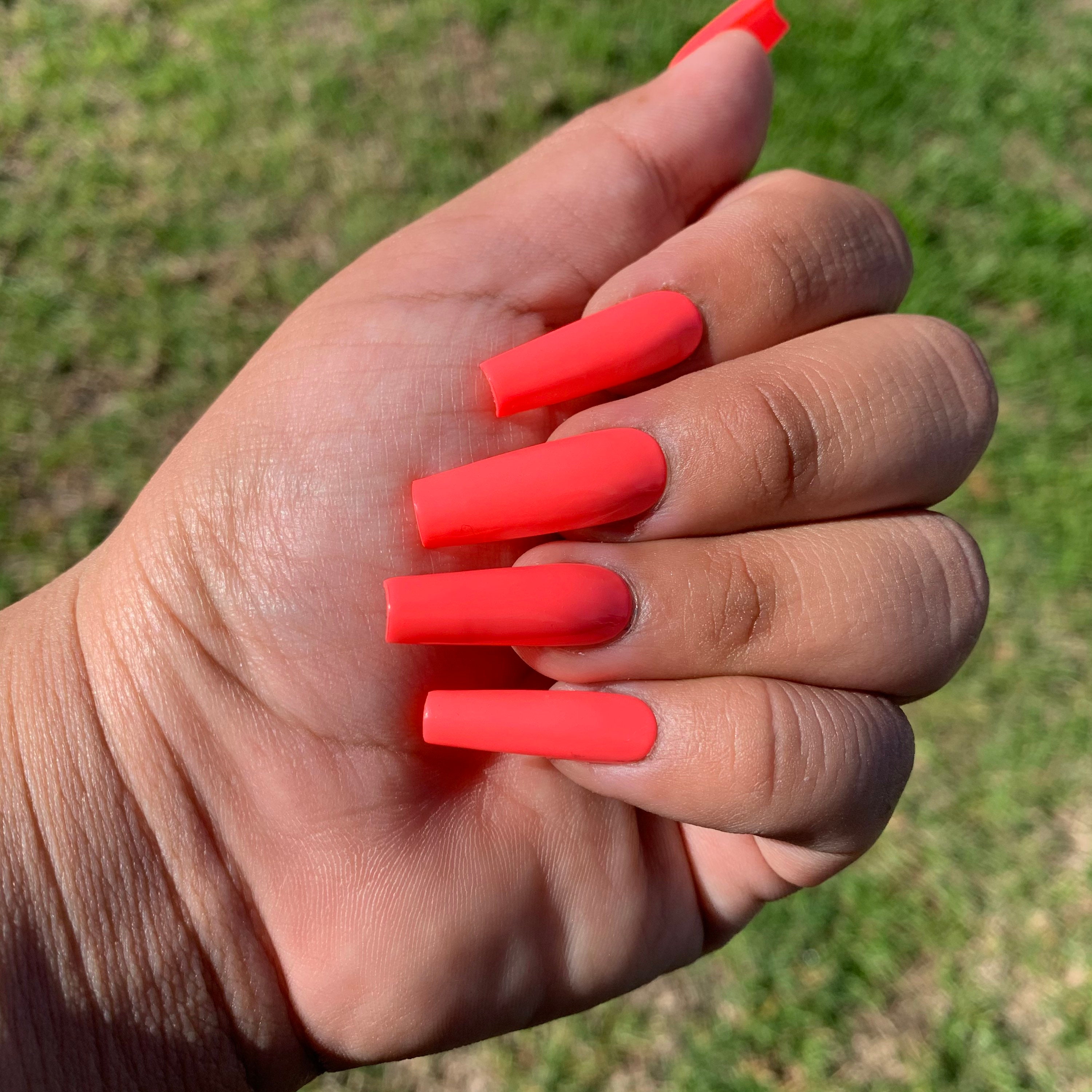 Coral Long Square Press On Nails Neon Orange Temporary Fake Etsy