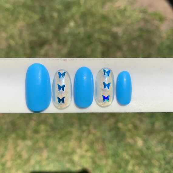 Blue Butterflies Press On Nails Blue Nails With Blue Etsy Blue Butterflies Press On Nails Blue Nails With Blue Etsy