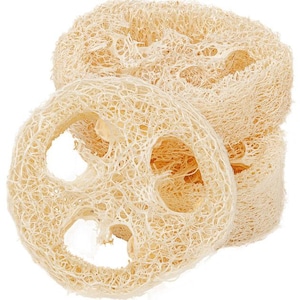 May include: Three natural loofah sponges, each with a circular shape and a textured, woven surface. The sponges are light brown in color and have a natural, organic appearance.