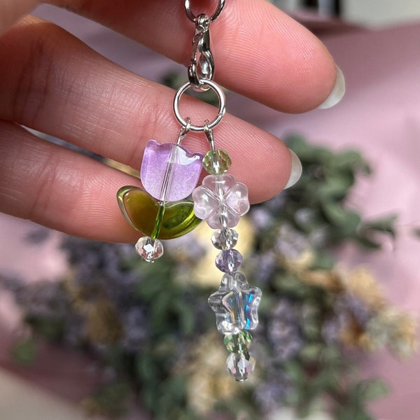 cute glass bead keychain sterling silver purple  tulip flower pink clover star phone strap