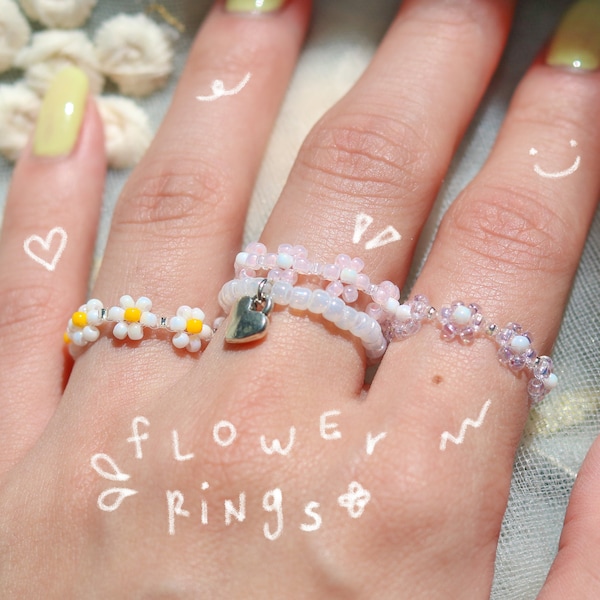 Dainty Handmade Stackable Beaded Ring, Daisy Ring, Flower Ring, Colorful Rings, VSCO Rings, Bead Ring, Seed Bead Ring