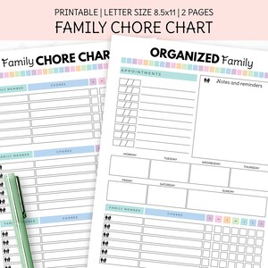 Printable Family Chores Chart , To do List,  Appointments Tracker, Chore Chart for Kids, Organization Printable, Planner Inserts.