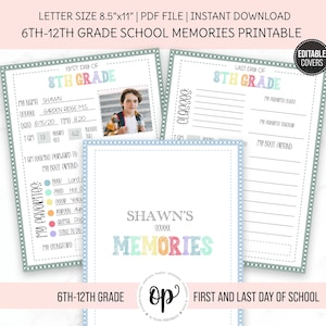 School Memory Book,  Kid’s  First and Last Day of School, Printable 6th-12th grade, Middle School, High School Students, Teenagers Book,