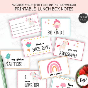 Notas de lonchera imprimibles, tarjetas de aliento para niños, regreso a clases, notas en blanco y precargadas, descarga instantánea.