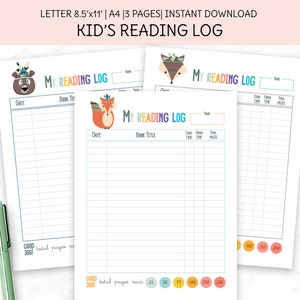 Reading Log for Kids , Summer Reading Log,  Printable Reading Tracker, Home School Reading Chart, Kids Reading Record, Instant Download