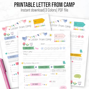 Carta IMPRIMIBLE de la plantilla del campamento, papelería linda del campamento de verano, campamento de verano para niños, elementos esenciales del campamento para niñas, descarga instantánea.