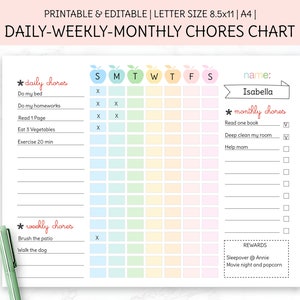 BEWERKBARE lijst met taken voor kinderen, afdrukbare sjabloon, wekelijkse takenlijst, checklist voor kinderen, dagelijkse planner voor jongen en meisje, pdf-bestand.