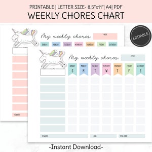 Kids Chores Chart Printable, Weekly Planner for Children, Editable To do List, Letter and A4, Instant Download