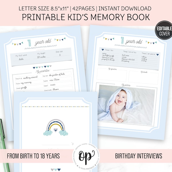 PRINTABLE Kids Memory Book, Kids Birthday Interview, All about Me, Memory Book for Boy, for Girl, Keepsake Journal, PDF Instant Download