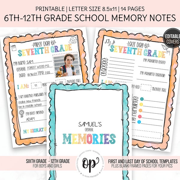 PRINTABLE School Memory Book, 6th-12th grade, Middle School, High School Students, Teenagers Book, Kid’s  First and Last Day of School