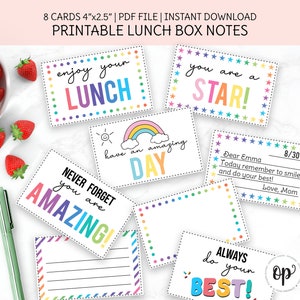 Notas de lonchera imprimibles, tarjetas de lonchera para niños, regreso a clases, tarjetas de aliento, notas en blanco y precargadas, descarga instantánea.