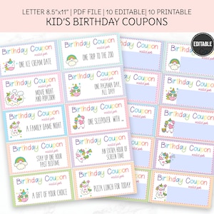 Unicorn Birthday Coupons, Kid Bday Present, Editable and Printable Template, Birthday Coupons Custom, PDF File