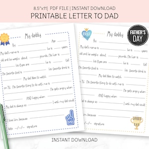 Druckbarer Brief an Papa, Geschenkidee zum Vatertag, Alles über meinen Papa, Geschenke für Papa von Kindern, lustige Karte für Papa, PDF-Datei