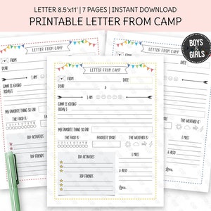 Carta para impressão do acampamento, papelaria para acampamento de verão, para meninos e meninas, modelo para impressão, acampamento de verão infantil, fundamentos para campistas, arquivo PDF.