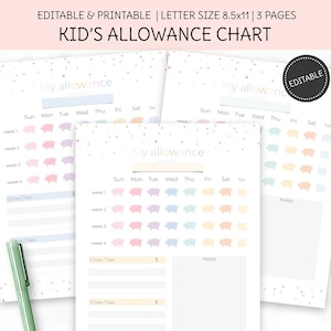 Kids Allowance Chart, Printable Template, Editable Allowance Tracker, Kids To Do List, Allowance for Kids, Kids Chore Chart, Digital File