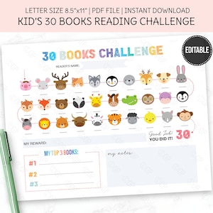 PRINTABLE Reading Tracker for Kids, Kids Reading Record, Summer Reading Chart for Boys and Girls, 30 Books Challenge, PDF File