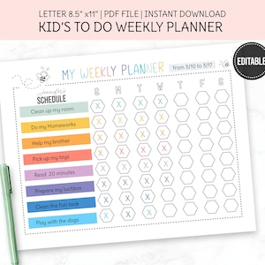 KID'S Chore Chart, Printable to do List, Editable Template, Weekly Planner for Boys and Girls, Checklist for Kids, PDF File