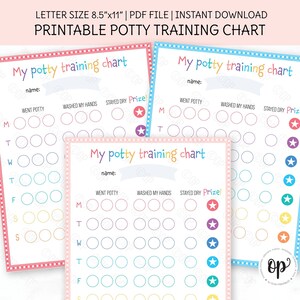 May include: Printable potty training charts in pink, blue, and light pink. Each chart has a colorful border and includes spaces to track potty use, hand washing, and staying dry. The text "My potty training chart" is at the top.