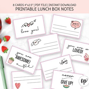 Notas de amor imprimibles, tarjetas para lonchera para niños, tarjetas de aliento, regreso a clases, notas en blanco y precargadas, descarga instantánea.